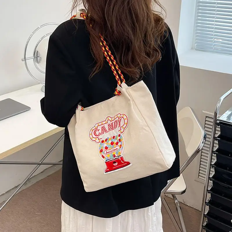 

Letter Canvas Big Tote for Women Large-capacity Handbag Cartoon Embroidery Shoulder Bag Fashion Female Shopper Top-Handle Bags