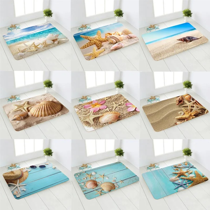 

Sea Door Mat Ocean Beach Shell Starfish Pattern Anti-Slip Bathroom Carpet Doormat Outdoor Kithchen Living Room Floor Mat Rug