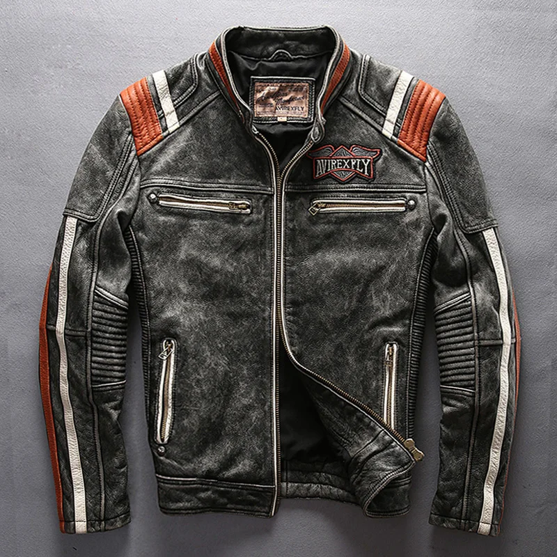 

Мужская мотоциклетная куртка с воротником-стойкой, винтажная куртка из натуральной воловьей кожи с вышивкой, 5 дней работы