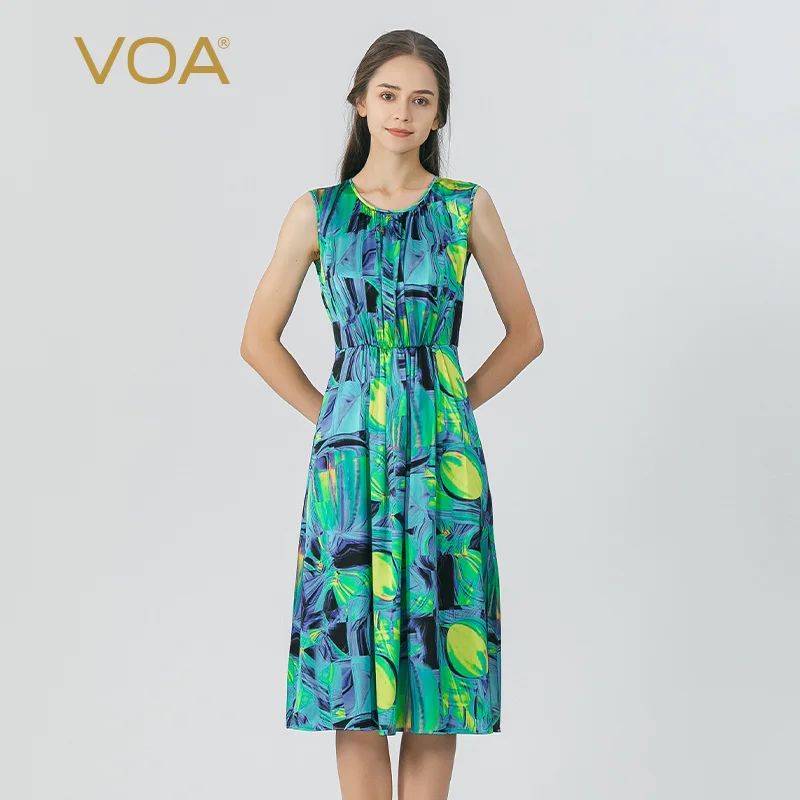 

(Clearance Sale)VOA Silk Satin O-neck Sleeveless Elastic Waist Multi-Color Printed Dress Elegant Slim Summer Dress Women A0207