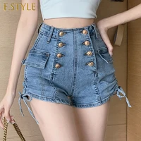 f girls draw string denim shorts womens double breasted buttons fashion skinny blue jeans