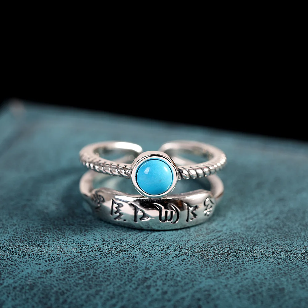 

Natural Turquoise Tibetan Six Characters Buddhist Mantra Female Bridal Rings 925 Sterling Silver Jewelry For Women Layers Girls