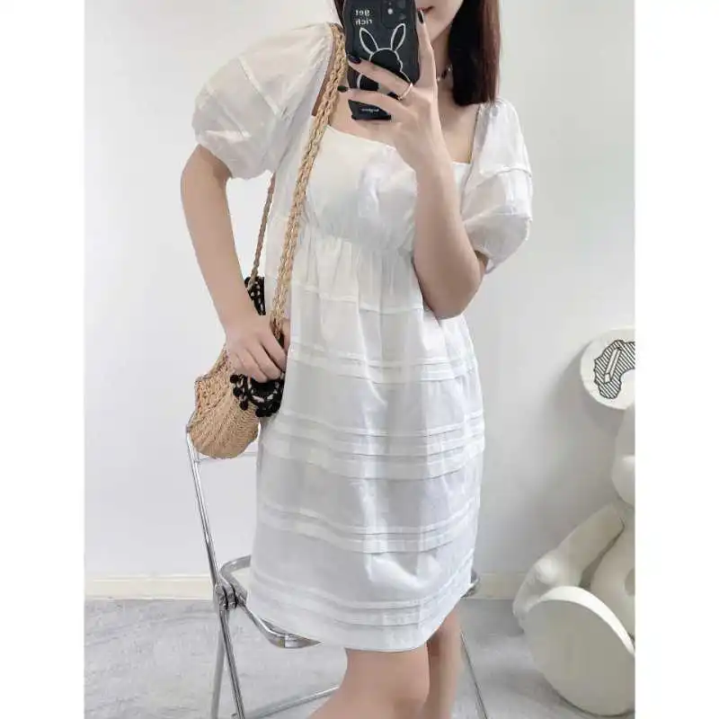 2023 Summer Women Party Collar Puff Sleeve White Mini Shirt Dress