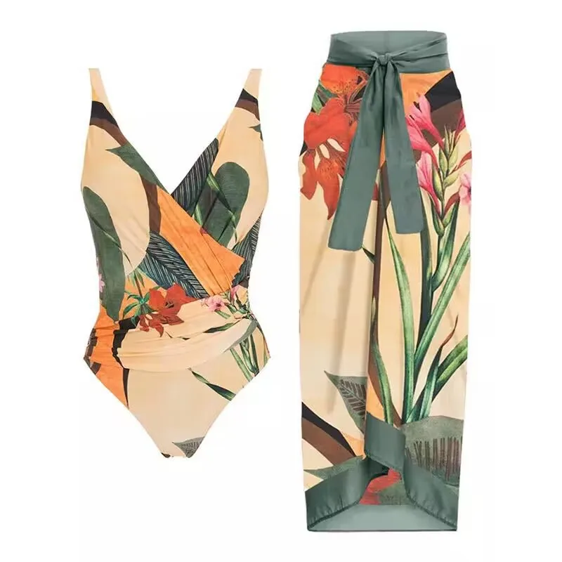 

2023 summer new two-piece suit sexy beach swimsuit cross belly cover printed backless leopard print long skirt swimsuit