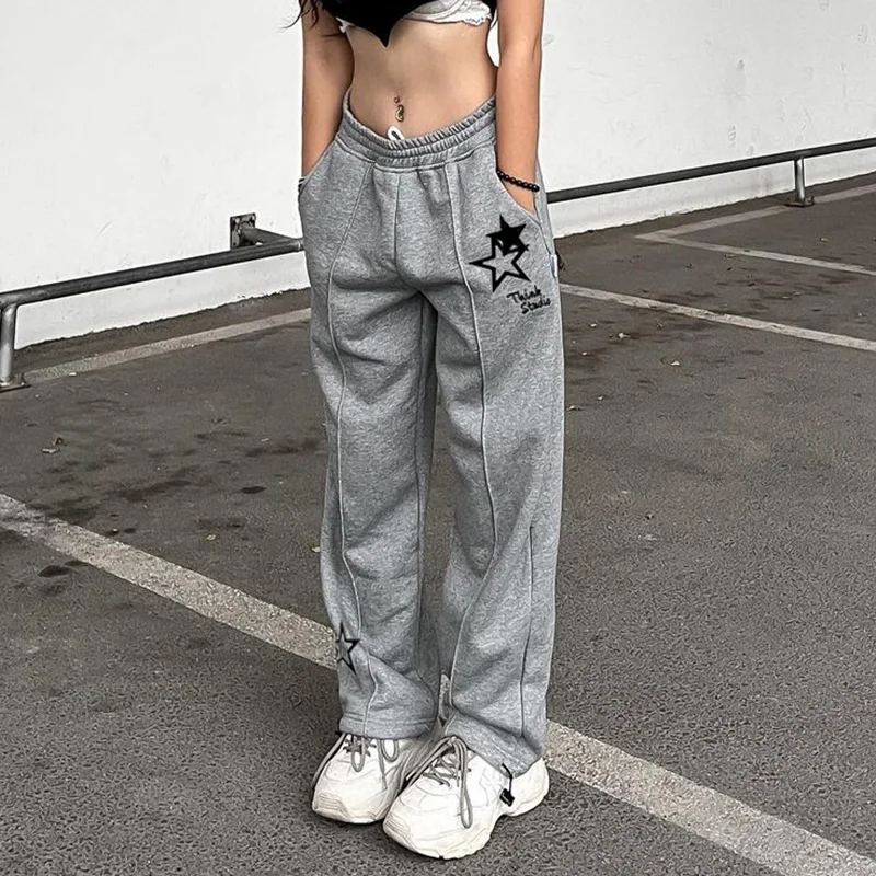 

Harajuku Star Print Casual Pants Hip Hop Women Elastic Low Rise Grey Sweatpants Jogging Trackpants Korean Fashion Kpop Trousers