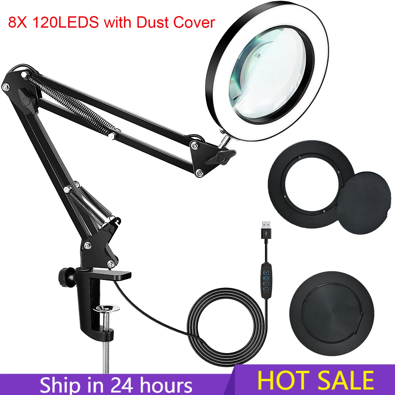 

Flexible Clamp-on Table Lamp with 8x Magnifier Glass Swing Arm Dimmable Illuminated Magnifier 120 LEDs Desk Light 3 Color Modes