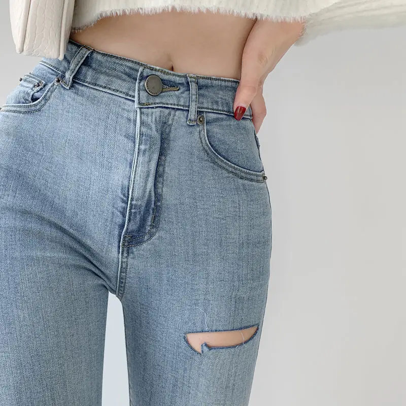 

Blue Jeans Women Ripped Skinny Fashion Hole Elasticity Leisure Ladies Trouser High Waist Vintage Pencil Denim High Street