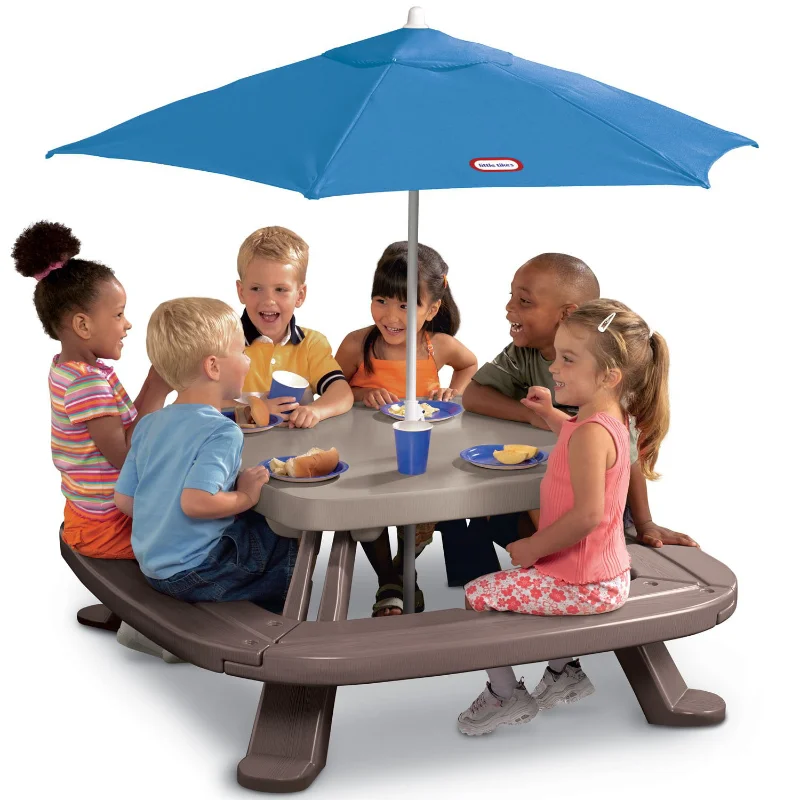 Little Tikes Outdoor Fold 'n Store Kids Picnic Table Toy with Market Umbrella table and chair set for kids