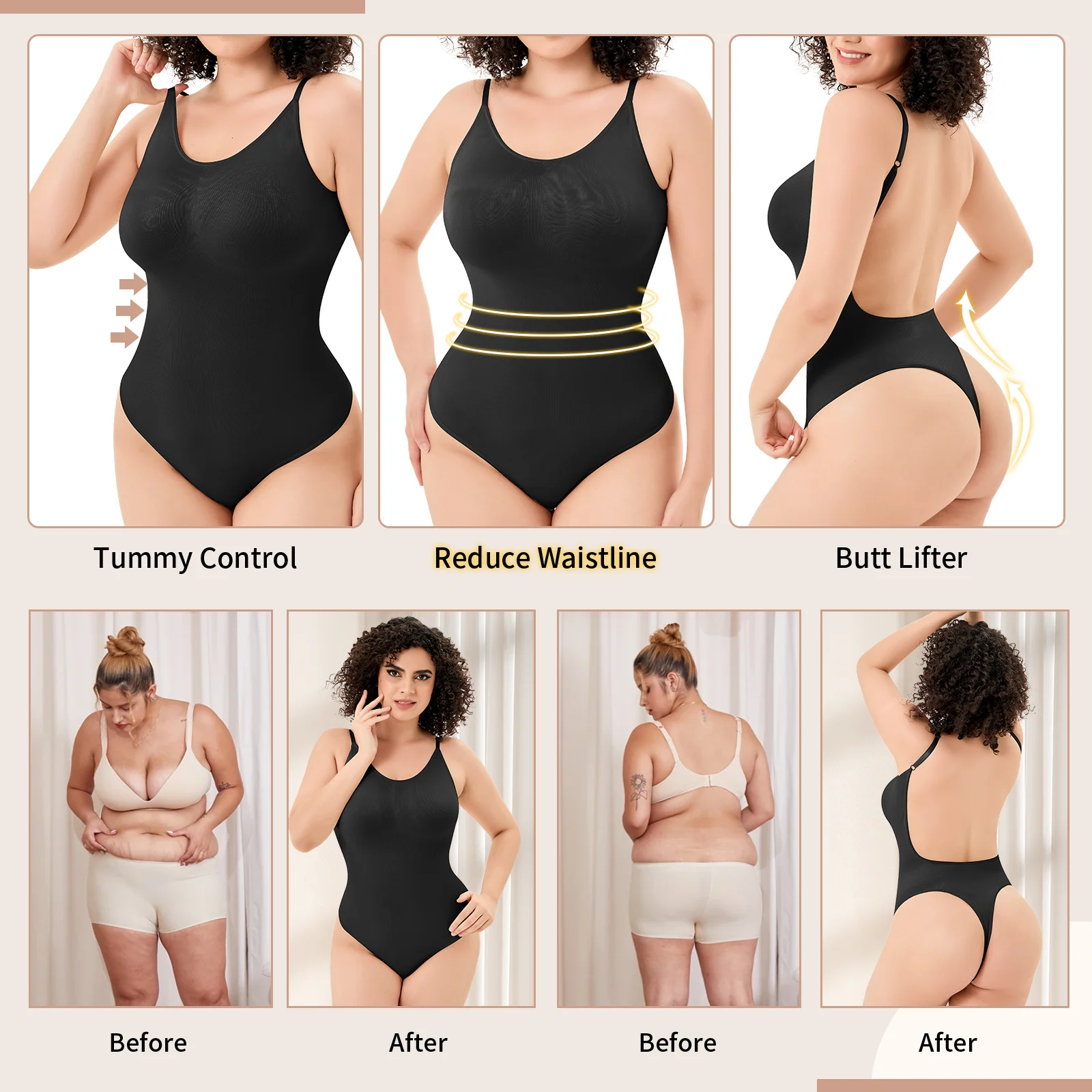 Thong Bodysuit Shaperwear for Women Tummy Control Seamless Body Shapers Belly Trimmer Sculpting Waist Trainer Backless Tank Tops