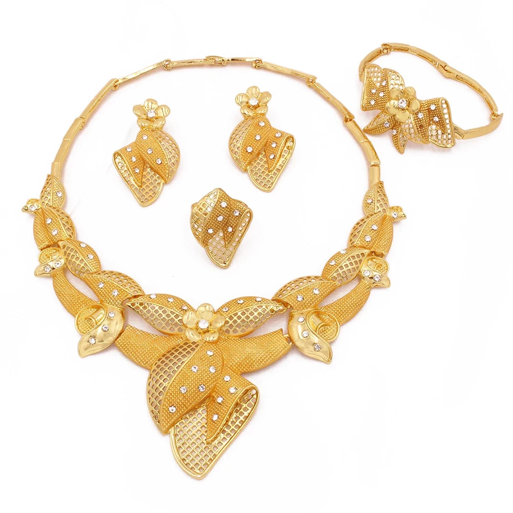 

Женский комплект украшений, ожерелье, браслет, серьги, кольцо, цветок, 24k Аравия, индийский Дубай, Африканский Свадебный подарок