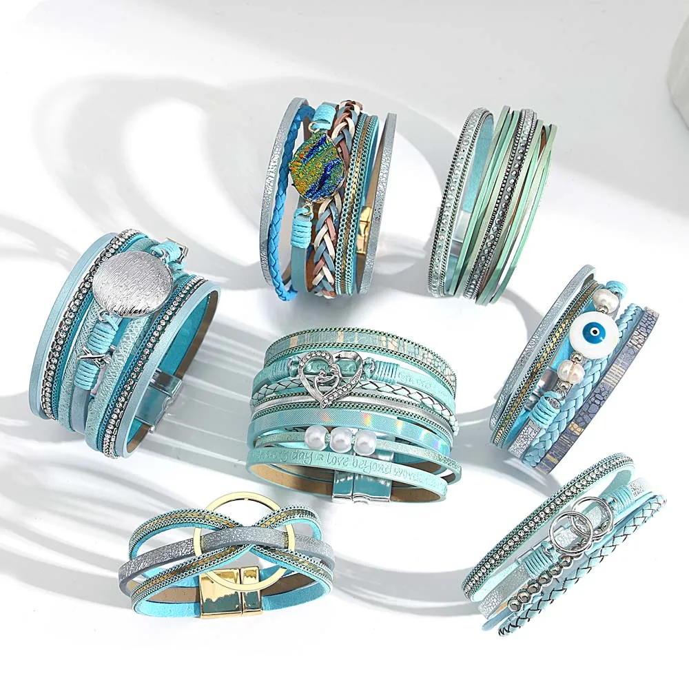 

Amorcome Boho Blue Leather Bracelets for Women Fashion Heart Charm Multilayer Wide Wrap Bracelets & Bangles Female Jewelry Gift