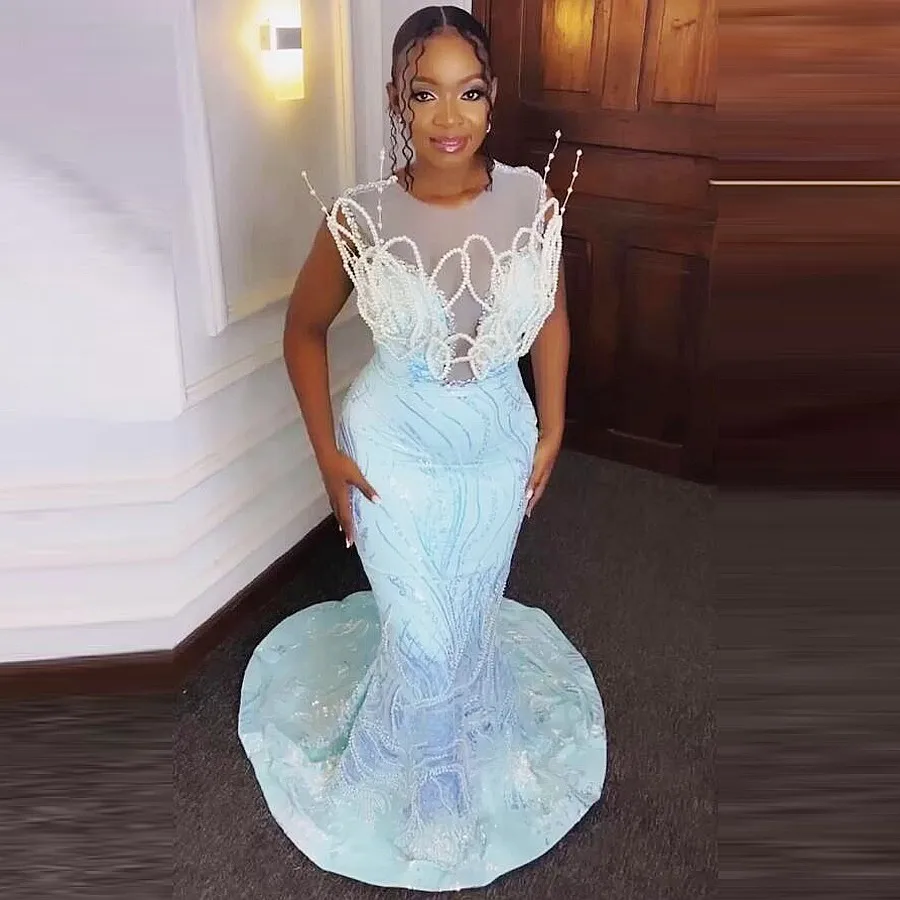 

Aso Ebi Prom Dresses With Sheer Neck Major Beads Pearls Sheer Neck Lace Mermaid Evening Dress For African Women robes de soirée