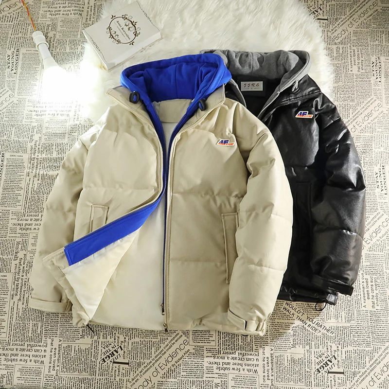 

Women's Winter Coats Fake Two-piece Cotton-padded Jackets Korean Ladies Parkas PU Leather Female Clothing Couple Cotton Coat Lq