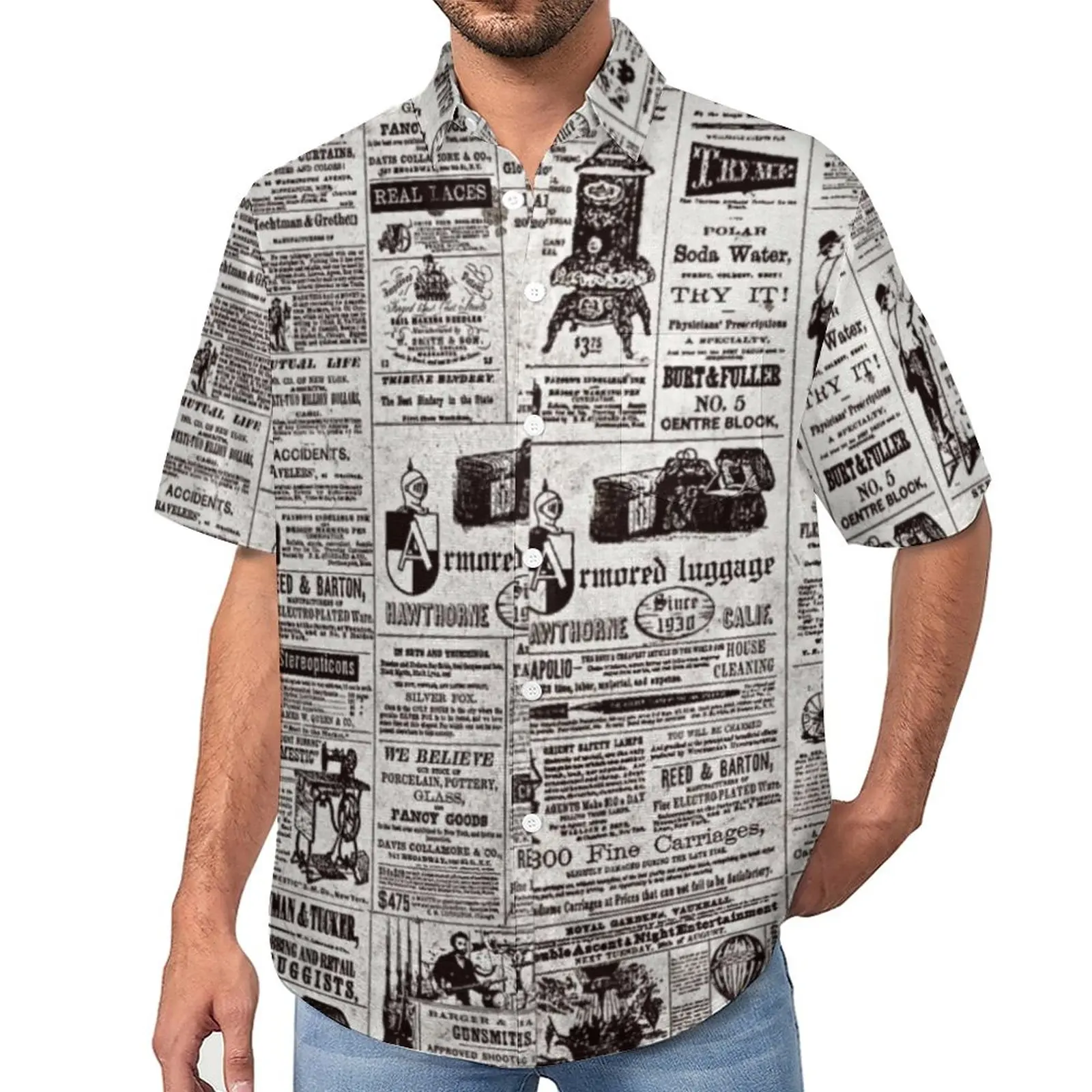 

Texture Newspaper Loose Shirt Male Beach Vintage Print Casual Shirts Hawaiian Graphic Short Sleeve Street Style Oversize Blouses