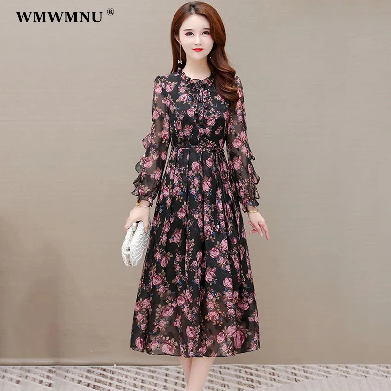 

Винтажное платье с оборками и длинным рукавом, женское праздничное корейское шифоновое платье-трапеция средней длины с принтом, элегантные...