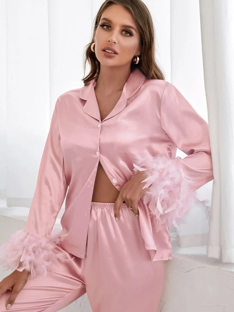 Restve Feathers Sleepwear Female 2 Piece Set Long Sleeve Turn Down Collar Tops Satin Casual Women Sets With Pants Autumn 2022