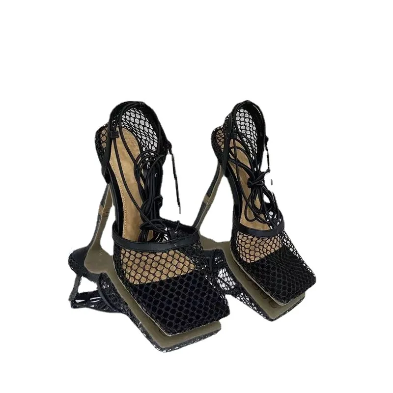 sandalias de mujer verano New Sexy Mesh Pumps Sandals Female Square Toe High Heel Lace Up Cross-Tied Stiletto Hollow Dress Shoes