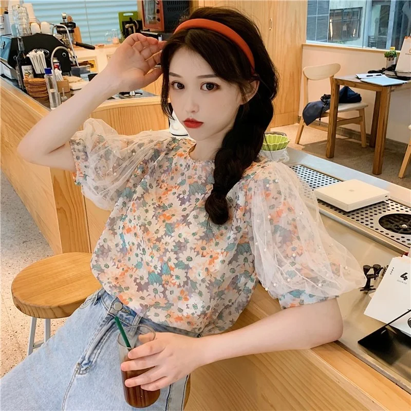 

Fashion Sequin Design Puff Sleeve Tops Women 2021 Summer New Gauze Patchwork T-Shirts Sweet Cottagecore Floral Printed Tshirt