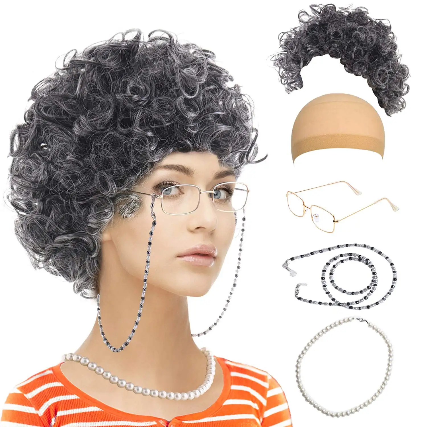 Cosplay Old Lady Costume Set-Grandmother Wig,Wig Caps, Madea Granny Glasses, Eyeglass Retainer Chain,Pearl Necklace(5 Pieces)
