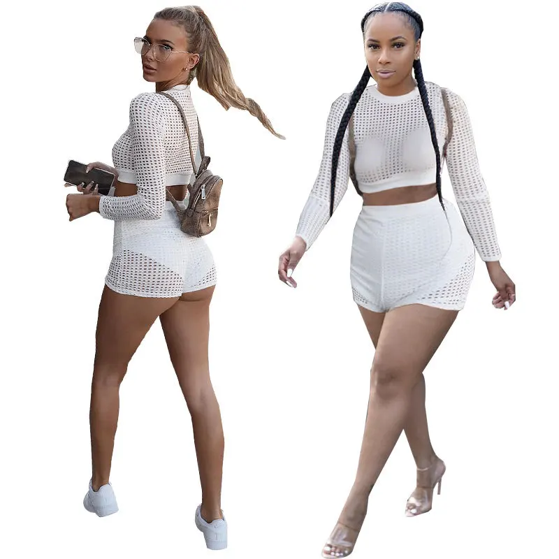 

HM6513 Women's Casual Two Piece Summer Sexy Streetwear Solid Color Long Sleeve Mesh Hollow Shorts Sports Suit Women's Nightclub