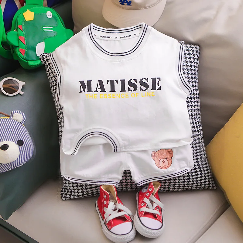 

2022 Summer Toddler Boys Handsome Clothes Sets Baby Girls Letter T-shirt+Cartoon Bear Shorts Fashion Suits Kids Cotton Clothing