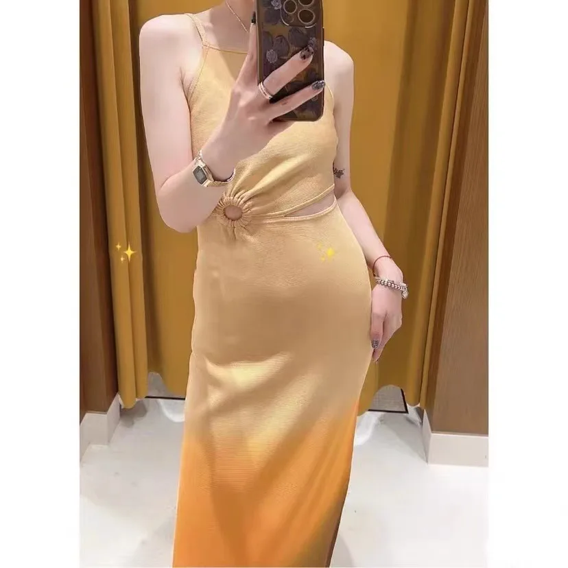 

Women Patchwork Color Hollow Out Waist Sleeveless Sling Midi Dress