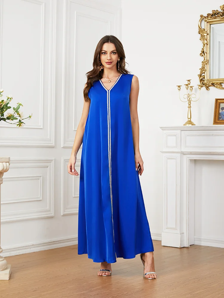 Blue Morocco Kaftan Dubai Turkey Evening Long Dress for Wedding Party Ramadan Muslin 2 Pieces Set with Belt Sunday Pentecost