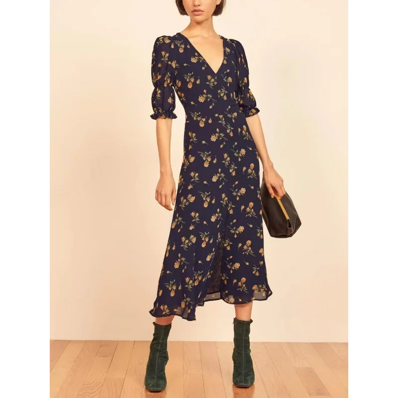 2023 Summer New Arrivals Top Quality Beach Style Floral Print V-Neck Sheer Lantern Sleeve Women Midi Dress for Holiday