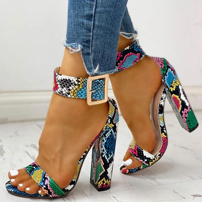 

2022 Summer Women Shoes Snakeskin Ankle Buckled Sandals Chunky Heeled Sandals Open Toe Leopard Party Shoes