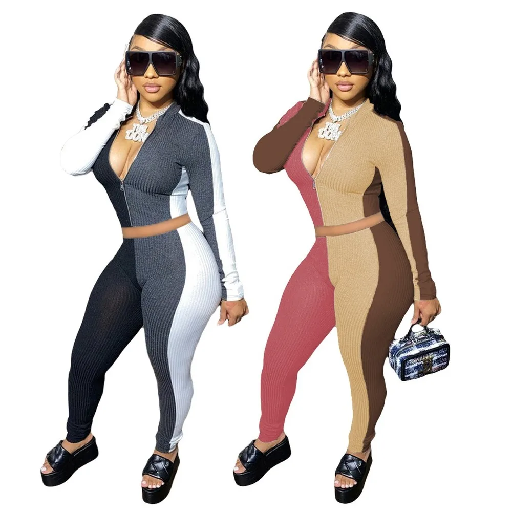 

Women Long Sleeve Sets Patchwork 3 Colors Tracksuits Sportswear Crop Top + Long Pants Sexy Stretchy Stripe Knitted Fabric 2 PCS
