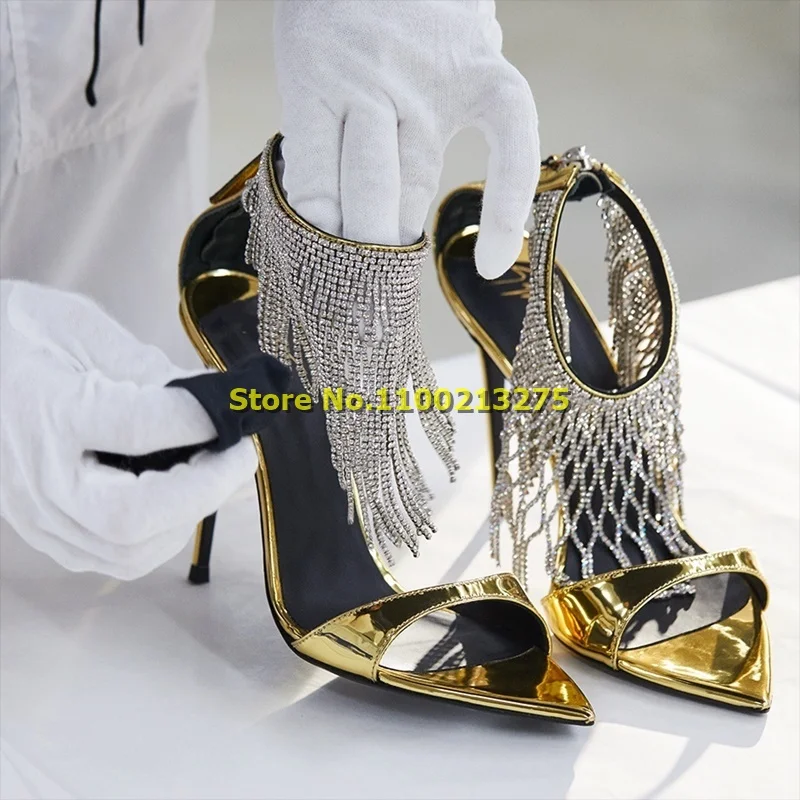 

Босоножки с кисточками и золотым острым носком, босоножки на высоком каблуке-шпильке с молнией сзади и бахромой, Новинка лета 2023, босоножки ...