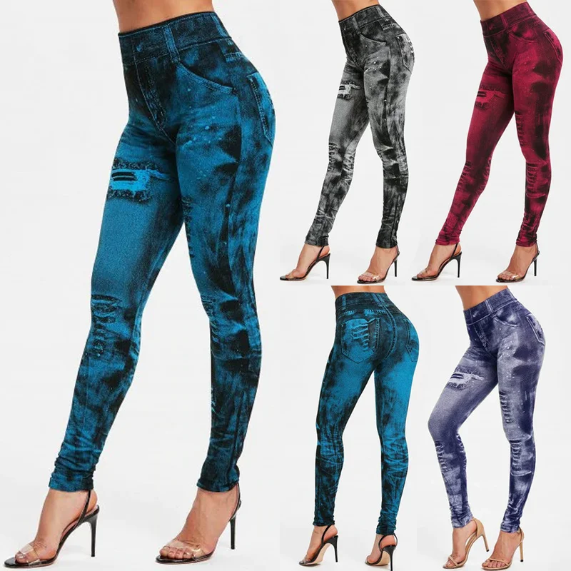 

Sexy Women Leggings Imitation Jeans High Waist Pants Fitness Elastic Slim Leggins Mujer 2022 Sport Casual Leggins Female Push Up