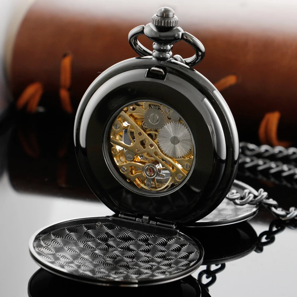 Black Double-Sided Open Classic Steampunk Mechanical Pocket Watch Retro Gentleman Analog Signal Clock Lady Jewelry Gift