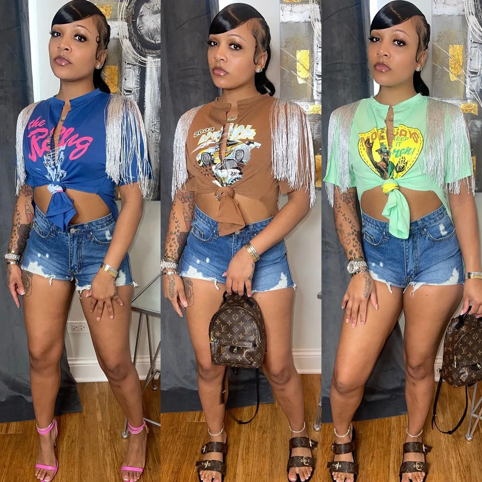 

ZOOEFFBB Fringed Graphic T Shirts Trendy Summer Aesthetic Clothes for Women 2022 Sexy Rave V Neck Cute Short Sleeve Tops Tees