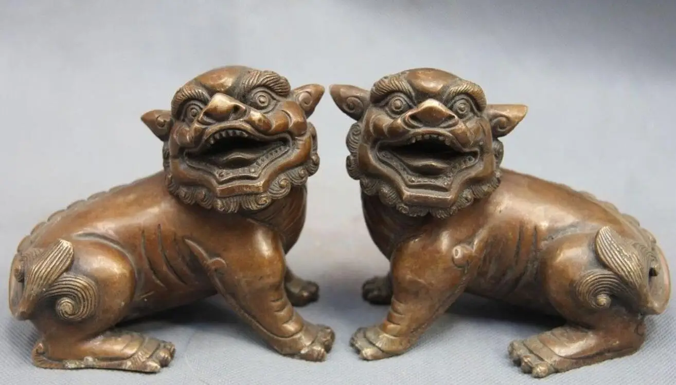 

Китайская Бронзовая медная фэншуй талисман фу ФОО Собака Лев фотостатуя пара