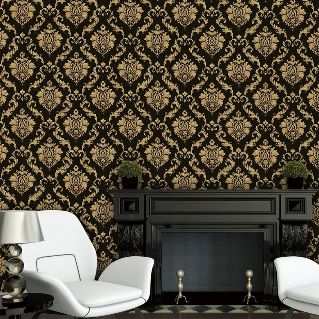 

Damask Peel & Stick Wallpaper Black Gold Pre-Adhesive Contact Paper Vinyl Self Adhesive Furniture Sticker Papel Tapiz Moderno