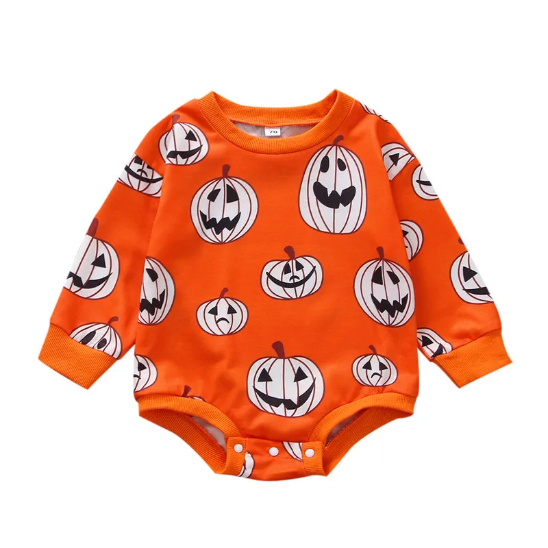 

Newborn Baby Romper 0-3 Years Halloween Evil Pumpkin Print Long Sleeve Crew Neck Bottom Snap Cute Jumpsuit for Infants Holiday