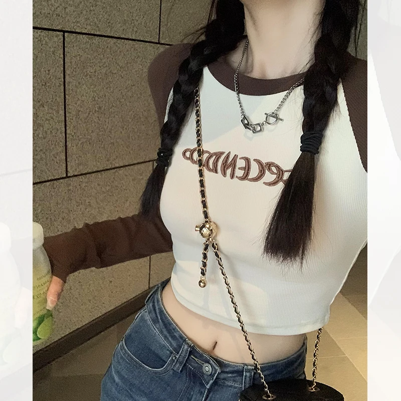 

Harajuku Patchwork Crop Tops Long Sleeve Autumn Tees O Neck Sexy Slim Women T Shirts Print Letter Fairycore Grunge Retro Tops