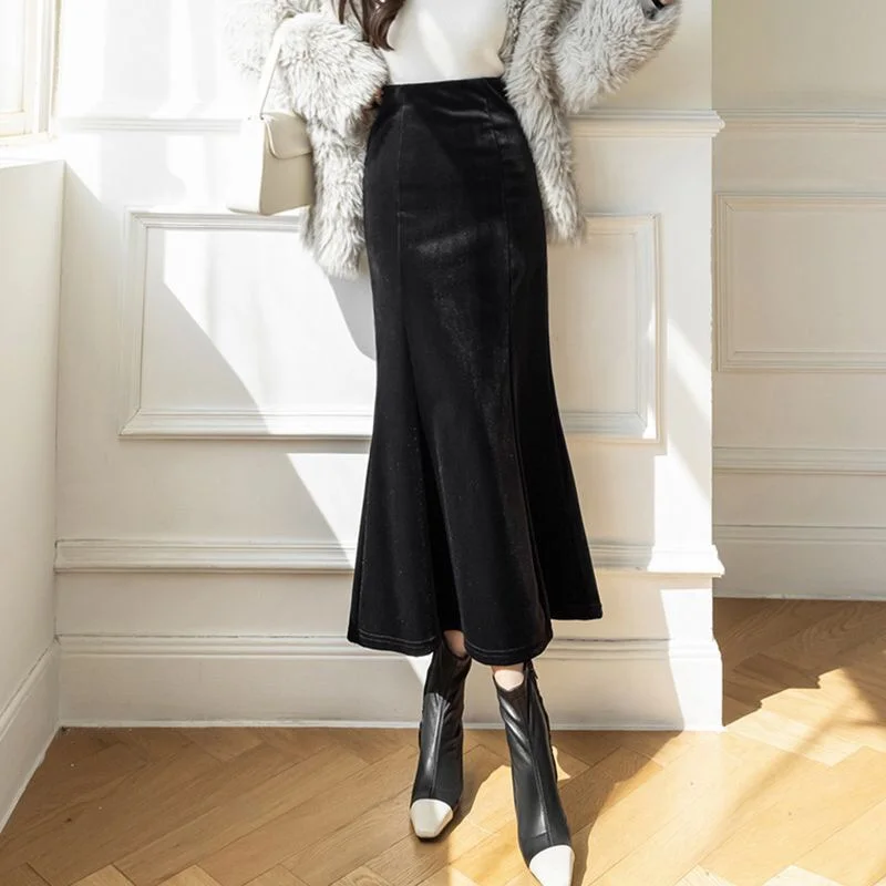 

Женская винтажная Плиссированная Юбка-миди с высокой талией и эластичным поясом, зимняя теплая черная длинная юбка-годе А-силуэта с юбкой годе, юбки