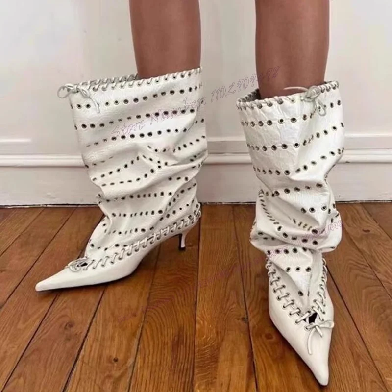 

Женские ажурные ботинки до середины икры, белые матовые кожаные туфли с острым носком на шнуровке, обувь на тонком высоком каблуке, 2023