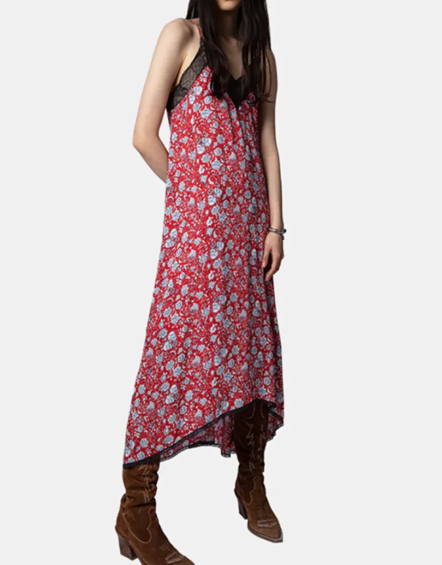 

Women Flower Print Lace Spliced V-Neck Irregular Hem Sleeveless Elegant Midi Dress