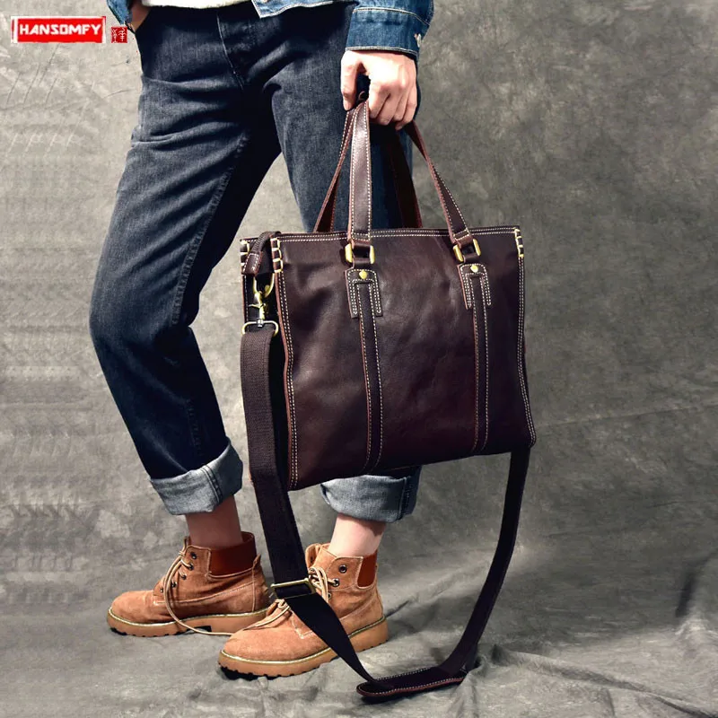 

Vintage Handmade Leatehr Men's Handbags High-grade Leather Men Business Shoulder Messenger Bag Male Leather Computer Briefcase