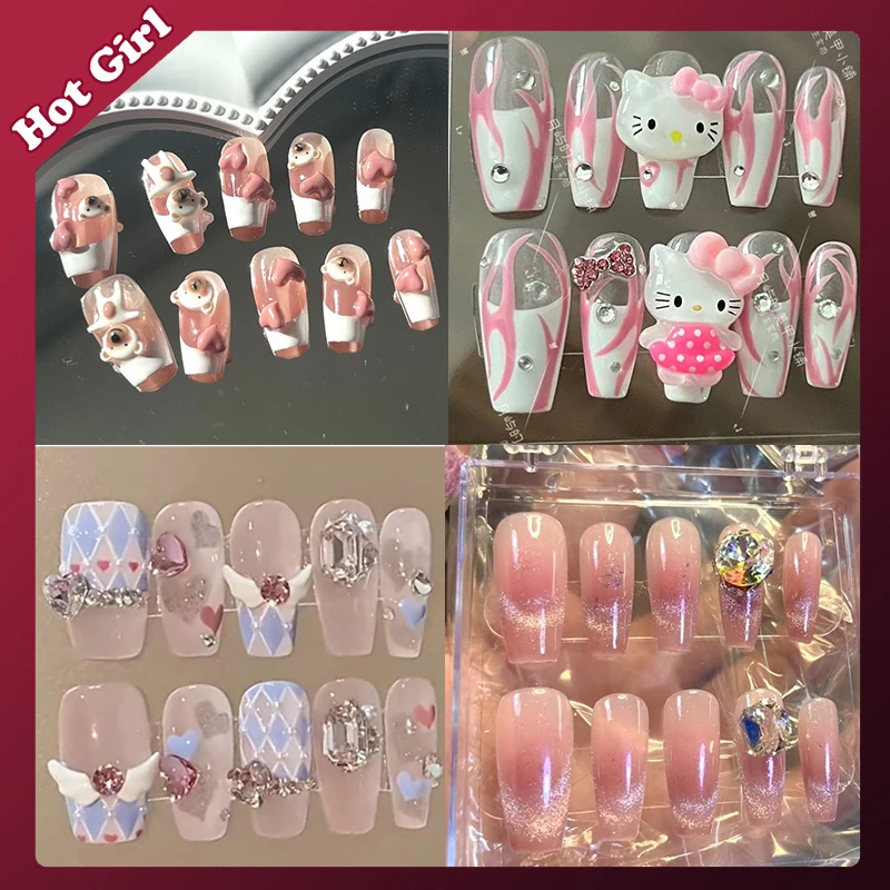 

Hello Kitty Handmade Original Manicure Y2K Girl Heart K9 Heap Drill Kawaii Sanrio Cartoon Sweet Girl Reusable Nail Patch Gift
