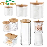 cotton swab storage bamboo cover acrylic makeup organizer transparent round container cotton puff storage box makeup remover box