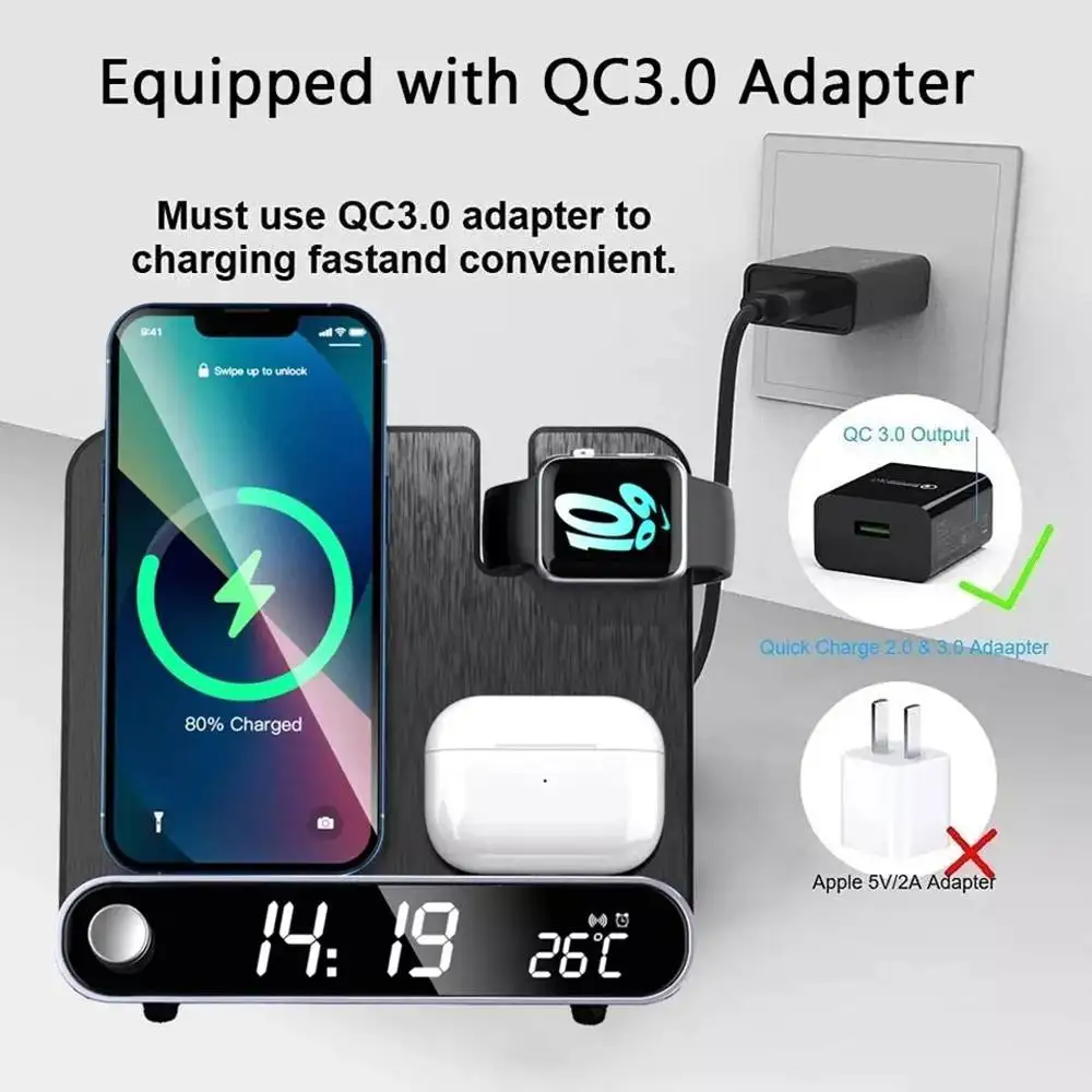 15w Wireless Charger For Phone Earphone Watch Charging Dock Station Real-time Temperature Led Display