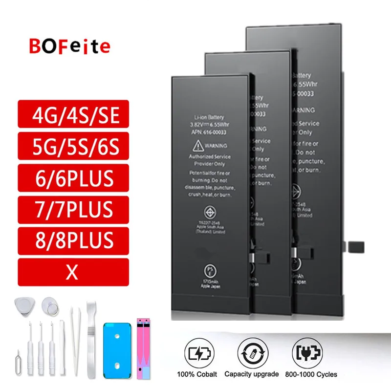 

BoFeite Original Replacement Battery For iphone 4G 4S 5 5S 6 6S 6Splus 6Plus 7 7plus 8 8plus X SE SE2020 New 0 Cycle Batteries