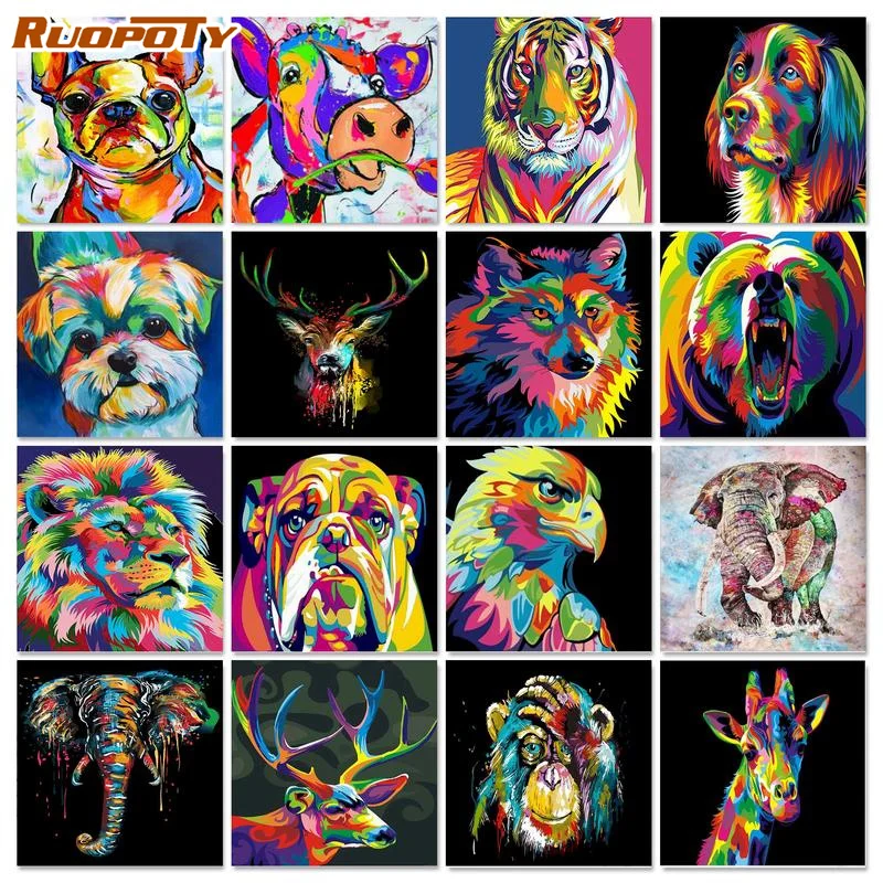 

RUOPOTY Picture By Number Tiger Kits DIY Unique Gift Painting By Number Colorful Animal On Canvas HandPainted Home Decor Art Gif