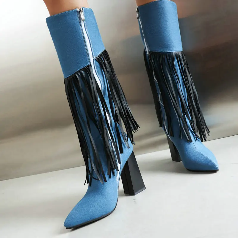 

Extra Plus Size 34-48 Denim Jeans Blue Black Pointed Toe Western Bohemian Cowboy Boots With Fringes Tassels Block Heels Shoes