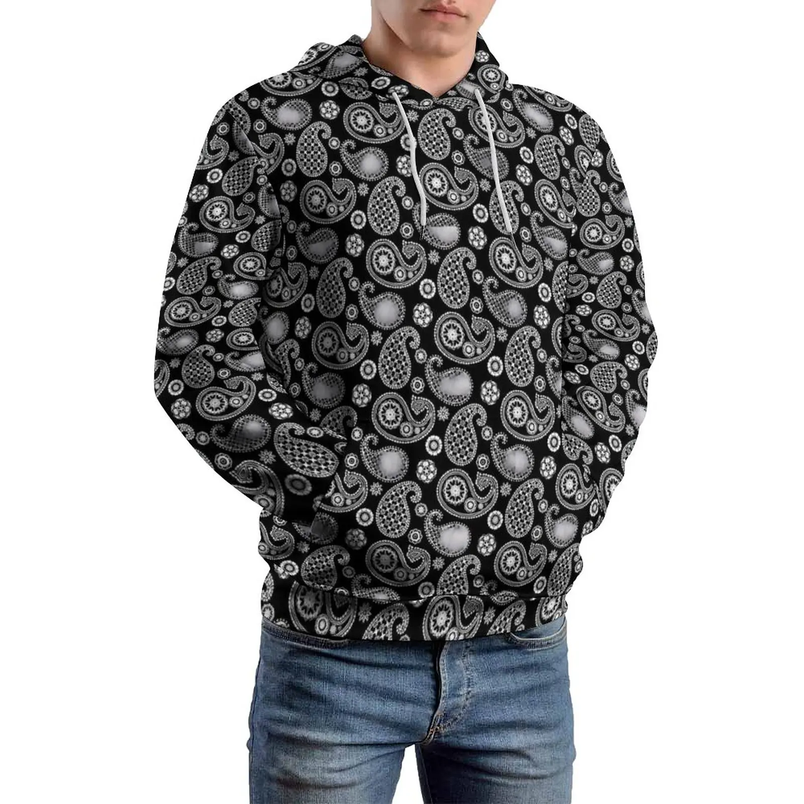 

Повседневные толстовки с принтом пейсли, черно-белая свободная толстовка с капюшоном для пар, с длинным рукавом, милая одежда с графическим принтом, большие размеры