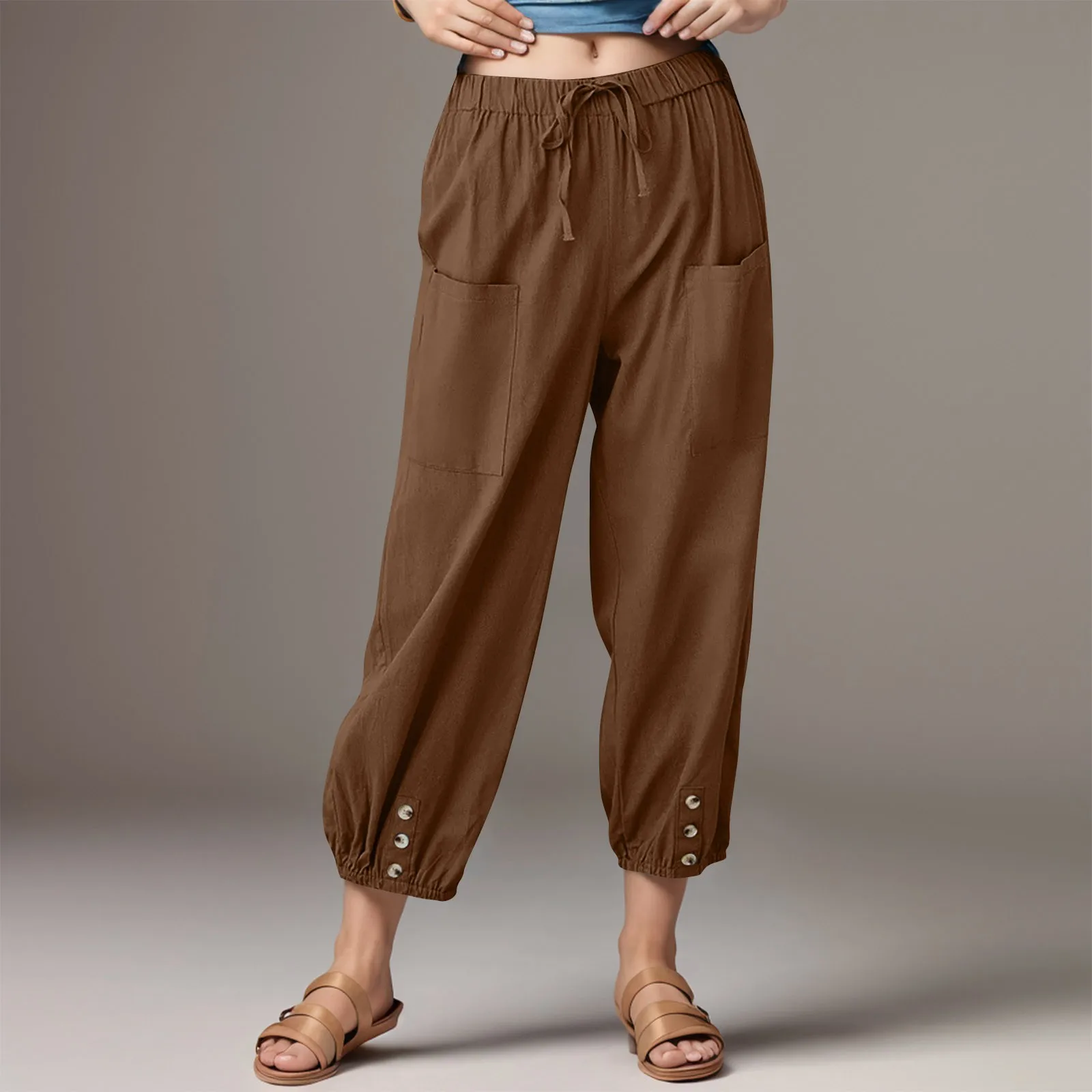 Повседневные женские шаровары длиной до щиколотки из смеси хлопка и льна с